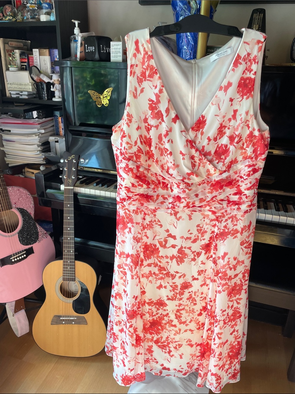 Floral V-Neck Midi Dress in Coral and White by
